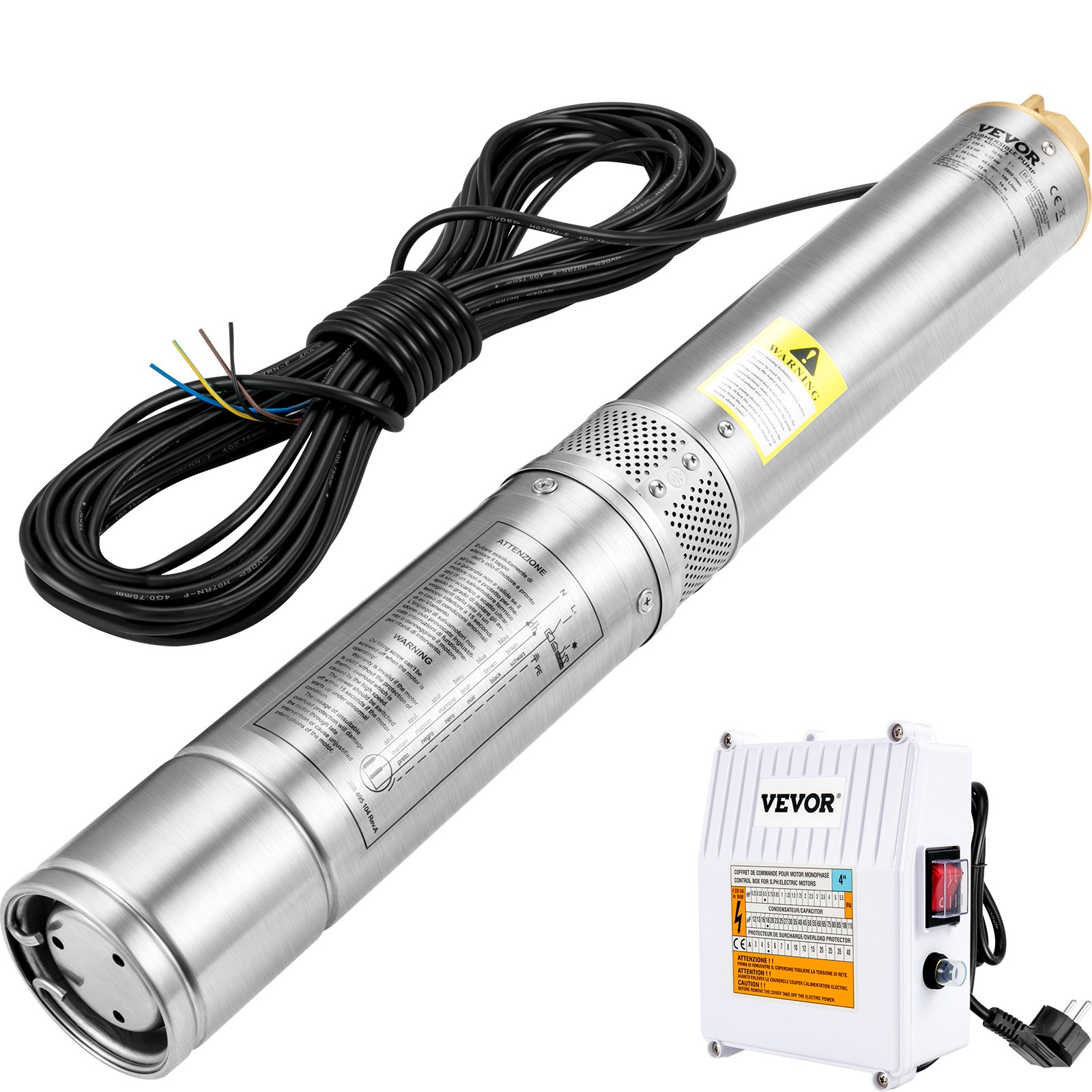 VEVOR 4" Diepwaterpomp 370W Bronpomp 110L/min Dompelpomp Max. Opvoerhoogte 44m Buispomp 230V 50Hz Zandpomp RVS Waterpomp 0-40℃ Pomp Ideaal voor irrigatie Watertoevoer Drainage