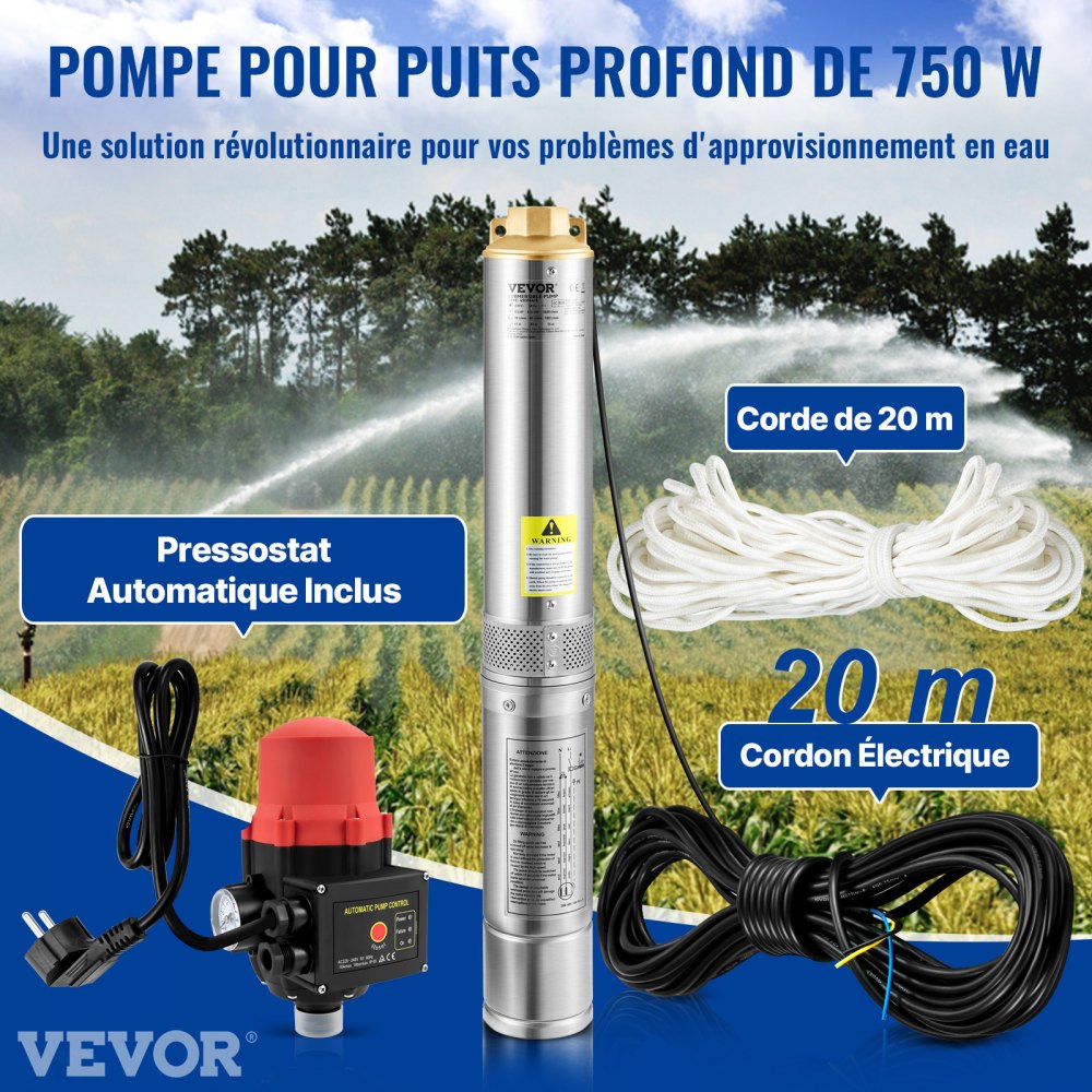 VEVOR 3,5" Diepwaterpomp 750W Bronpomp 105L/min Dompelpomp Max. Opvoerhoogte 62m Buispomp 230V 50Hz Zandpomp IP68 Waterpomp 11 Waaiertrappen Pomp Ideaal voor irrigatie of watervoorziening