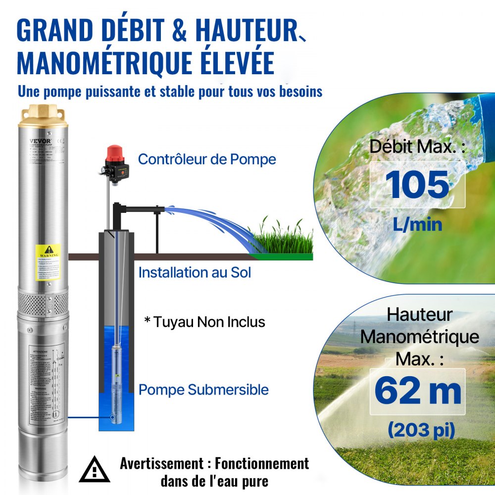 VEVOR 3,5" Diepwaterpomp 750W Bronpomp 105L/min Dompelpomp Max. Opvoerhoogte 62m Buispomp 230V 50Hz Zandpomp IP68 Waterpomp 11 Waaiertrappen Pomp Ideaal voor irrigatie of watervoorziening