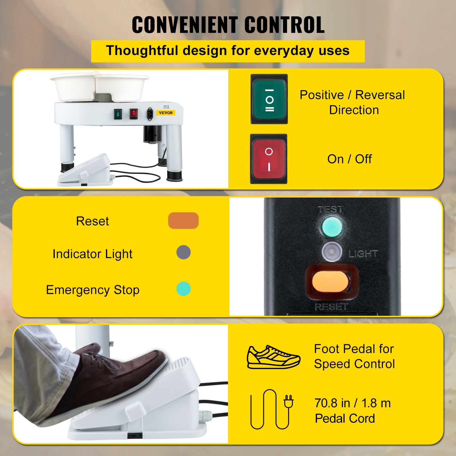 VEVOR Aardewerk Wiel 35 cm Keramisch Wiel, 450 W 0-300 omw/min Keramische Machine, 0-20 cm Heftafel Aardewerk Wiel Machine, met Voetpedaal & Afneembare Kom & Beeldhouwgereedschap Accessoirekit, Wit