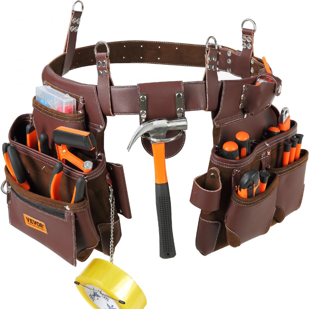 VEVOR Tool Belt, 22 Pockets, Adjust from 29 Inches to 54 Inches, Premium PU Heavy Duty Tool Pouch Bag, Detachable Tool Bag for Electrician, Carpenter, Handyman, Woodworker, Construction, Framer, Brown