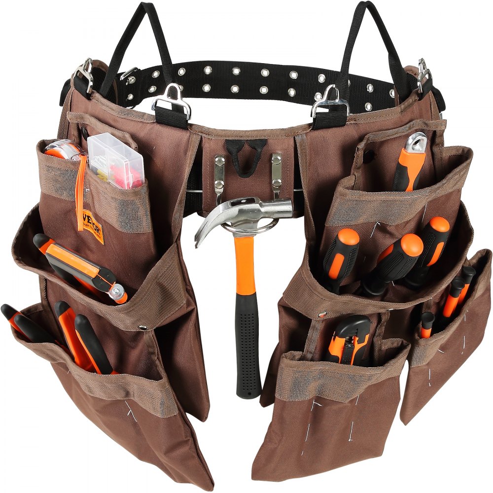 VEVOR tool belt with hammer, screwdrivers, pliers, and utility knife in brown pockets.