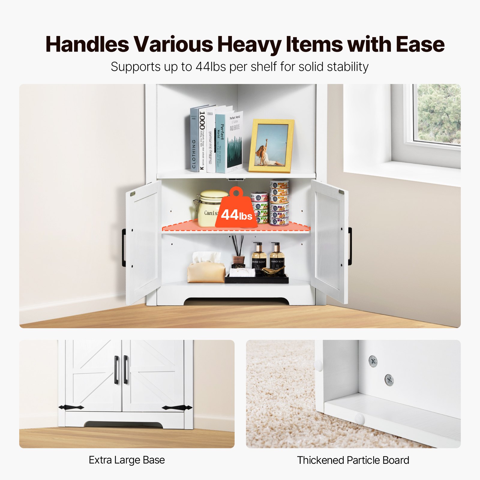 VEVOR 68" Tall Corner Storage Cabinet, 6 Tiers Farmhouse Storage Cabinet with 4 Wooden Doors & Adjustable Shelves, Freestanding Corner Kitchen Cabinet for Living Room, Kitchen, Laundry Room, White