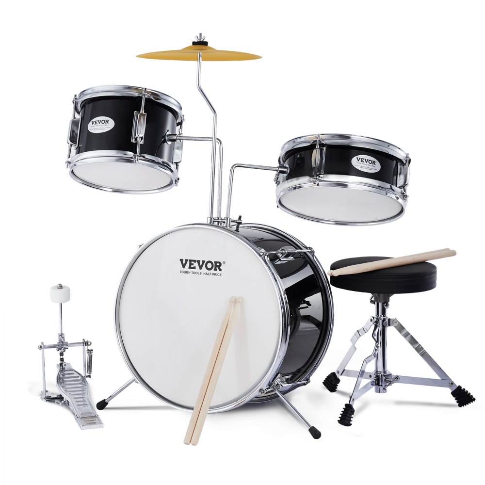 affordable VEVOR kids drum set with bass drum, tom-toms, cymbal, pedals, drumsticks, and stool.