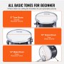 VEVOR kids drum set: 8" tom, 10" snare, and 14" bass with smooth, crisp, and deep tones for beginners.