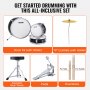 VEVOR 3-delige drumset met verstelbaar pedaal, twee paar drumstokken, 20 cm tom drum, 25 cm snaredrum, 36 cm basdrum, drumset voor kinderen, zwart