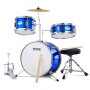 VEVOR kids drum set with blue drums, cymbal, foot pedal, stool, and drumsticks.