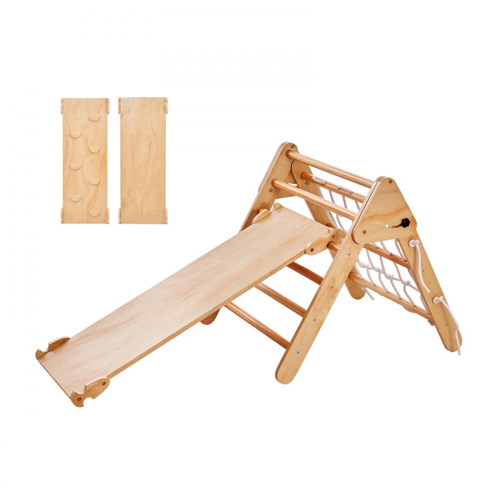 VEVOR pikler triangle with wooden slide and climbing ropes for children's indoor play gym.