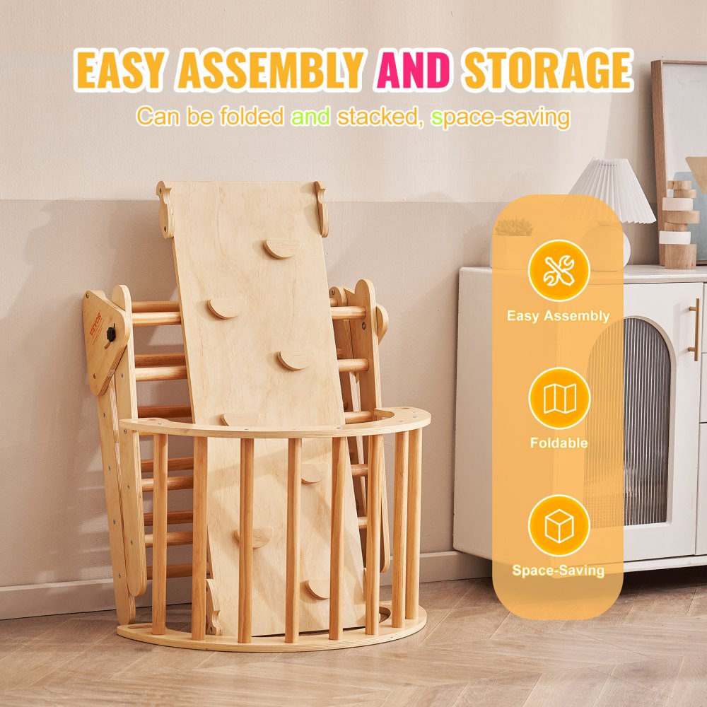 VEVOR Pikler Triangle Set, 5 in 1 Toddler Climbing Toys Indoor Playground, Montessori Climbing Set with Triangle, Ramp, and Arch, Large Size Wooden Climbing Gym for Toddlers 1-3 Years, Wood Color