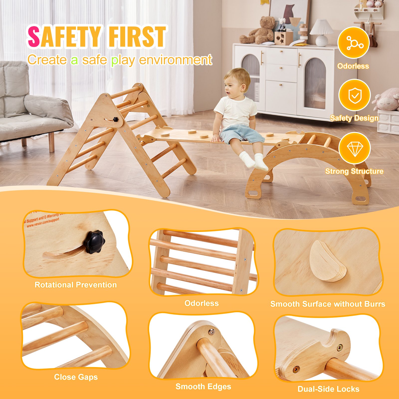 VEVOR Pikler Triangle Set, 5 in 1 Toddler Climbing Toys Indoor Playground, Montessori Climbing Set with Triangle, Ramp, and Arch, Large Size Wooden Climbing Gym for Toddlers 1-3 Years, Wood Color