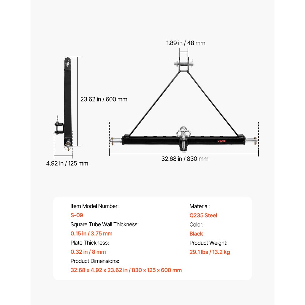 VEVOR driepuntsophanging met kogelkop, snelkoppeling, adapter voor tractordissel, compatibel met tractoren van categorie 2, geschikt voor modellen van gangbare merken, zwart