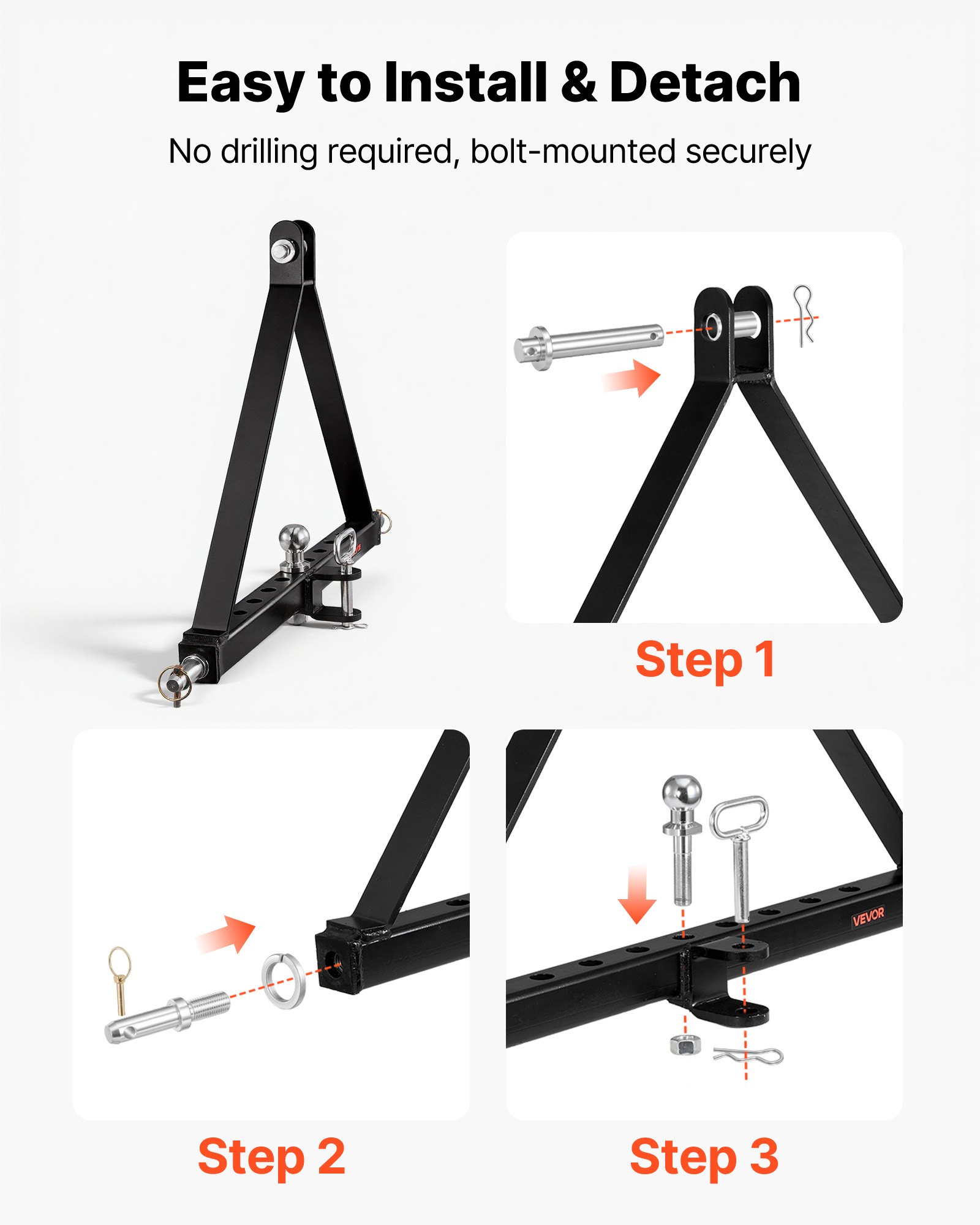 VEVOR driepuntsophanging met kogelkop, snelkoppeling, adapter voor tractordissel, compatibel met tractoren van categorie 2, geschikt voor modellen van gangbare merken, zwart