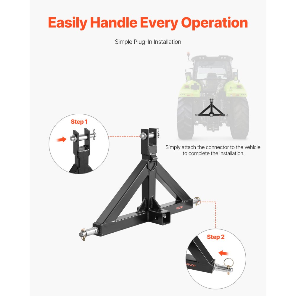 VEVOR 3 Point Hitch Receiver with 2 in Receiver, 3pt Quick Hitch Attachment, 3,000 lbs Capacity, Heavy Duty Tractor Tow Drawbar Adapter, Compatible with Kubota, Mahindra, John Deere, Massey Ferguson