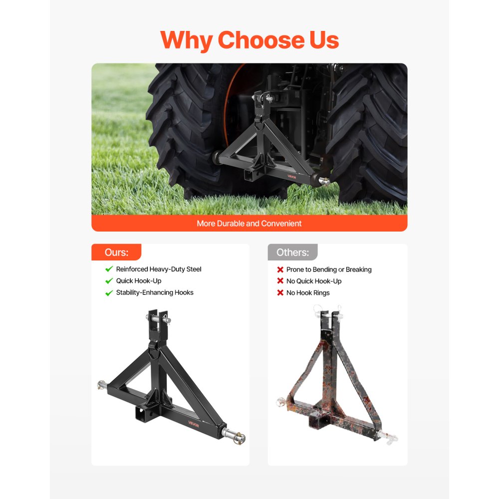 VEVOR driepuntshef met 2"-ontvanger, driepuntshef, capaciteit van 3000 lb, adapter voor tractor-aanhangwagenkoppeling, compatibel met Kubota, Mahindra, John Deere, Massey Ferguson