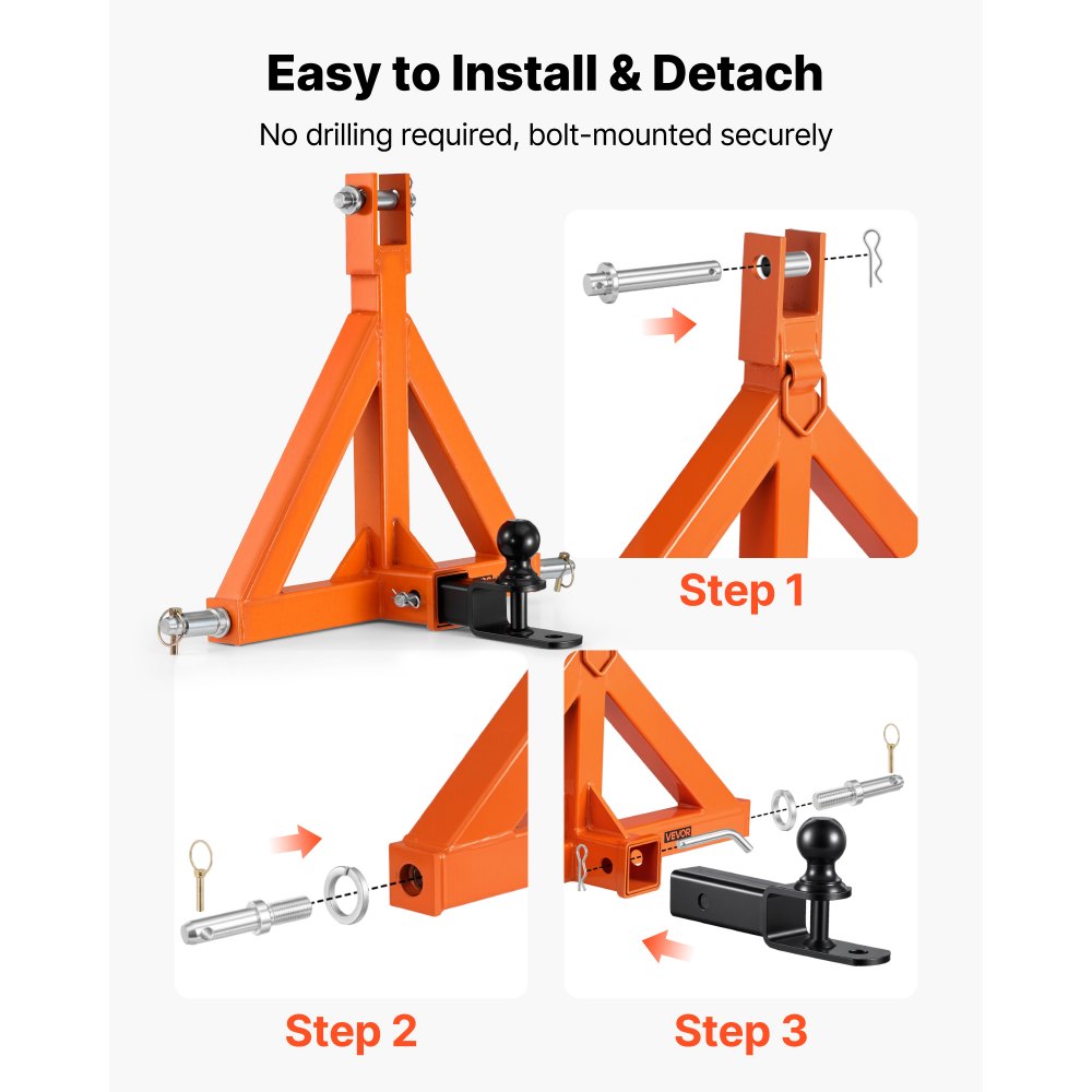 VEVOR 3 Point Trailer Hitch with 2" Receiver, 3 Pt Quick Hitch Attachment with Trailer Ball, Tractor Tow Drawbar Adapter, Fits Category 1, Kubota, Mahindra, Ford, Yanmar, John Deere, Massey Ferguson