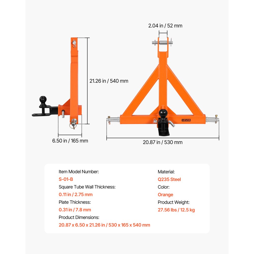 VEVOR 3 Point Trailer Hitch with 2" Receiver, 3 Pt Quick Hitch Attachment with Trailer Ball, Tractor Tow Drawbar Adapter, Fits Category 1, Kubota, Mahindra, Ford, Yanmar, John Deere, Massey Ferguson