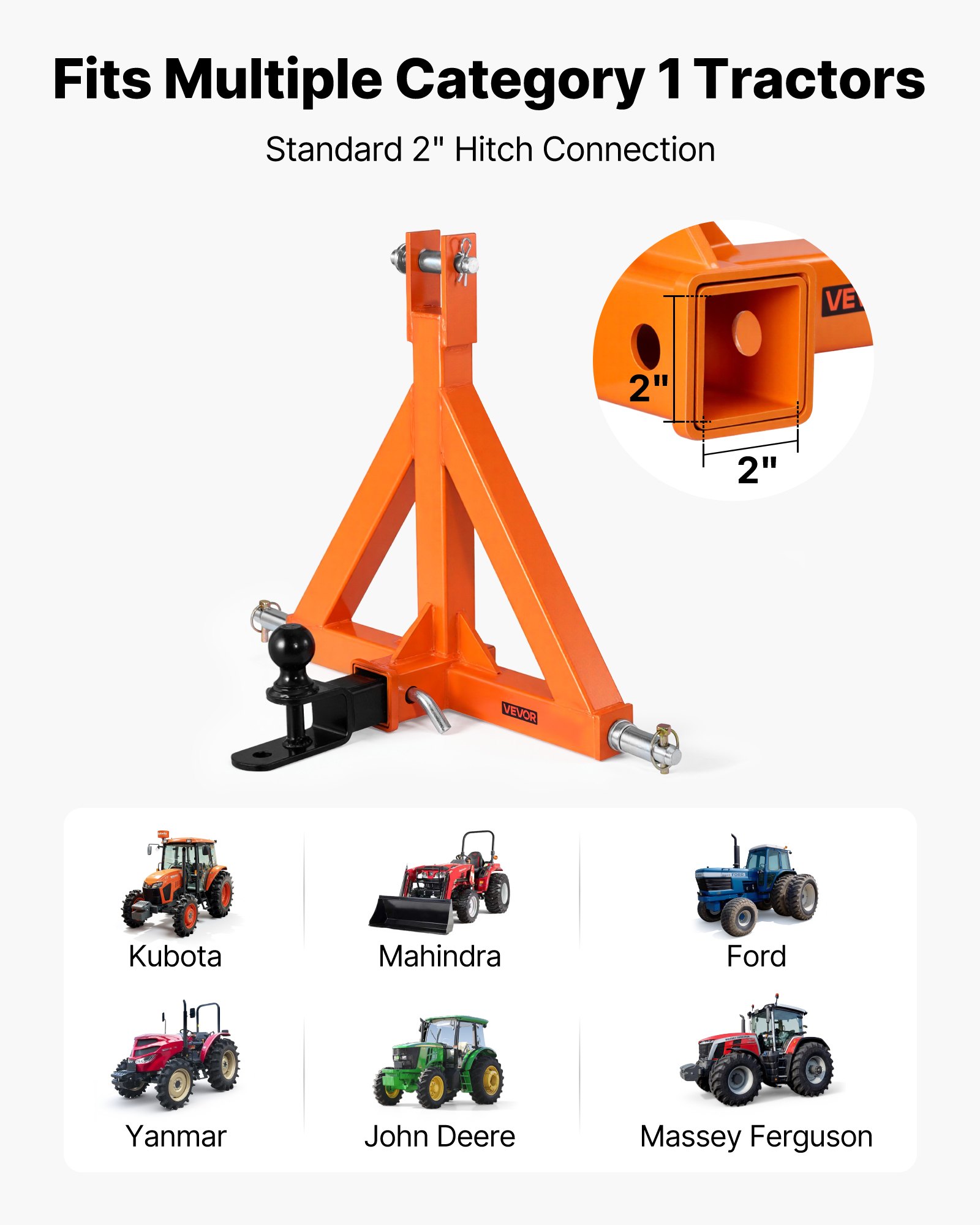 VEVOR 3 Point Trailer Hitch with 2" Receiver, 3 Pt Quick Hitch Attachment with Trailer Ball, Tractor Tow Drawbar Adapter, Fits Category 1, Kubota, Mahindra, Ford, Yanmar, John Deere, Massey Ferguson