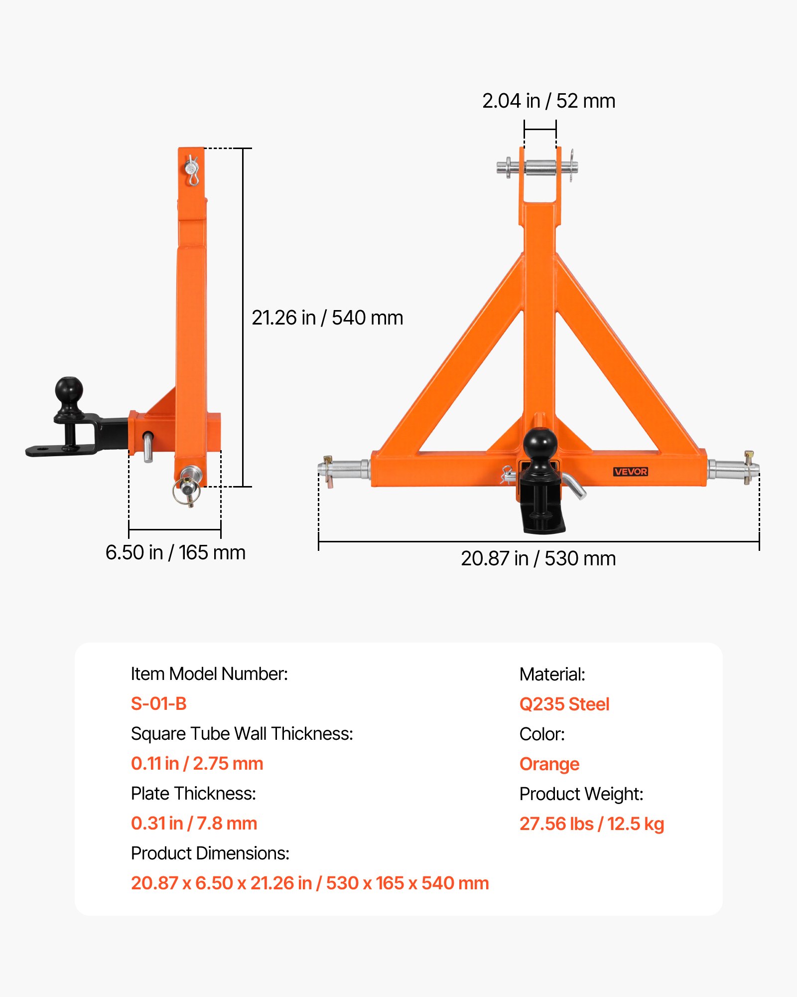 VEVOR 3 Point Trailer Hitch with 2" Receiver, 3 Pt Quick Hitch Attachment with Trailer Ball, Tractor Tow Drawbar Adapter, Fits Category 1, Kubota, Mahindra, Ford, Yanmar, John Deere, Massey Ferguson