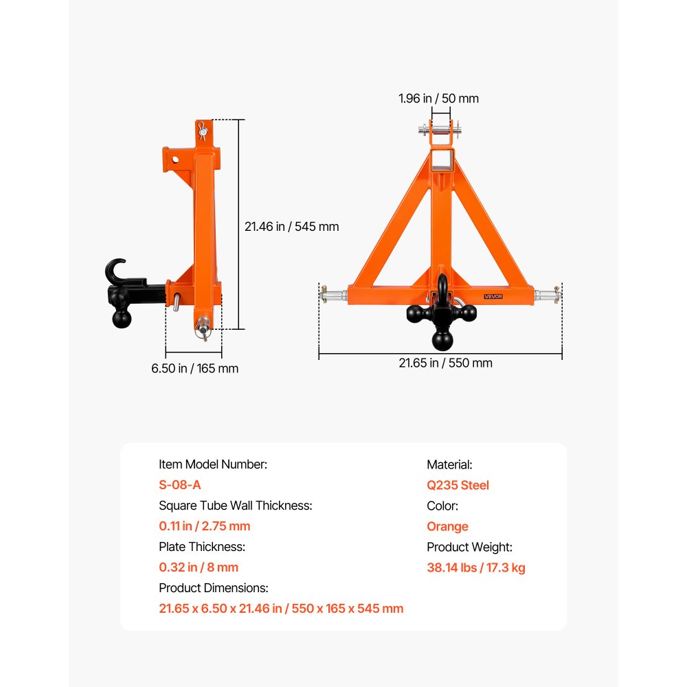 VEVOR driepuntsophanging met 2-inch montage, snelkoppeling met drie kogelkoppelingen, trekhaakadapter voor categorie 1, compatibel met diverse compacte tractoren, oranje