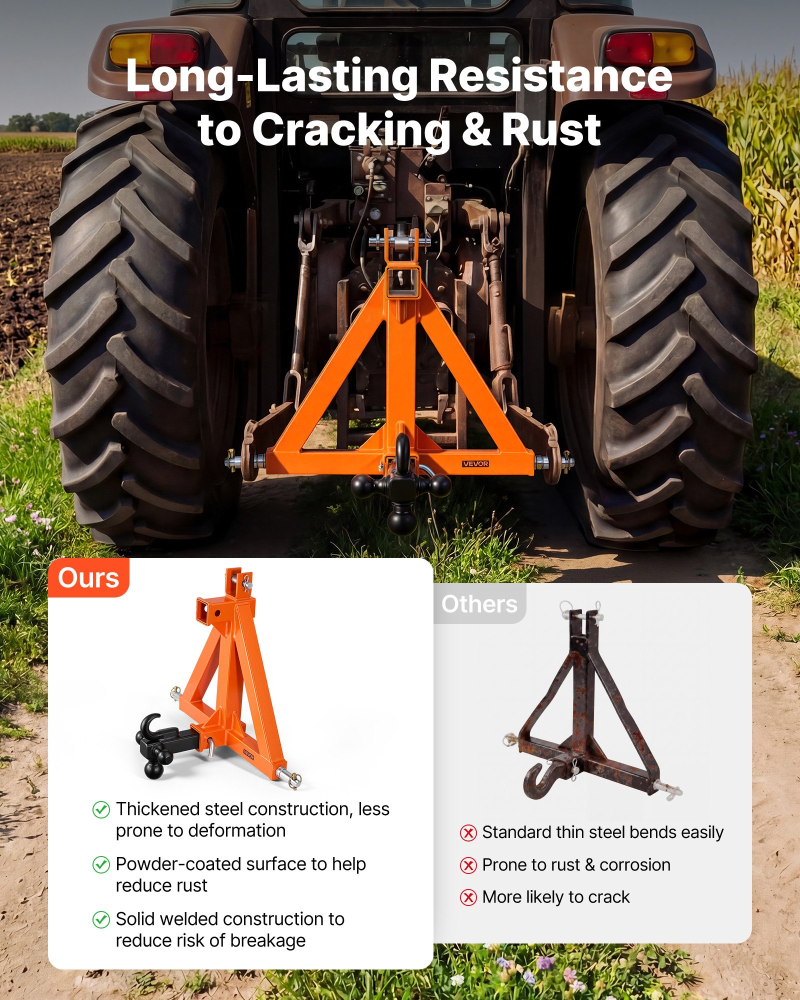 VEVOR driepuntsophanging met 2-inch montage, snelkoppeling met drie kogelkoppelingen, trekhaakadapter voor categorie 1, compatibel met diverse compacte tractoren, oranje