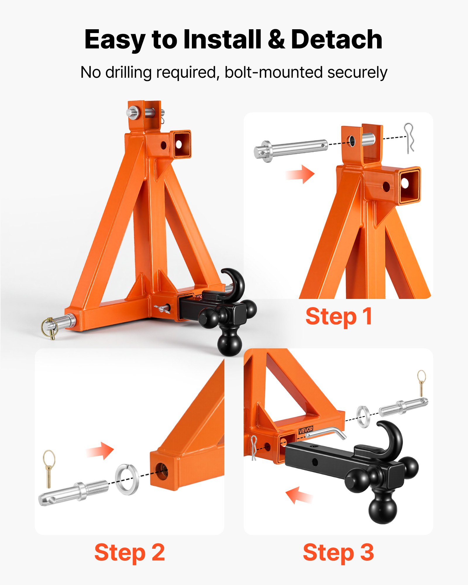 VEVOR driepuntsophanging met 2-inch montage, snelkoppeling met drie kogelkoppelingen, trekhaakadapter voor categorie 1, compatibel met diverse compacte tractoren, oranje