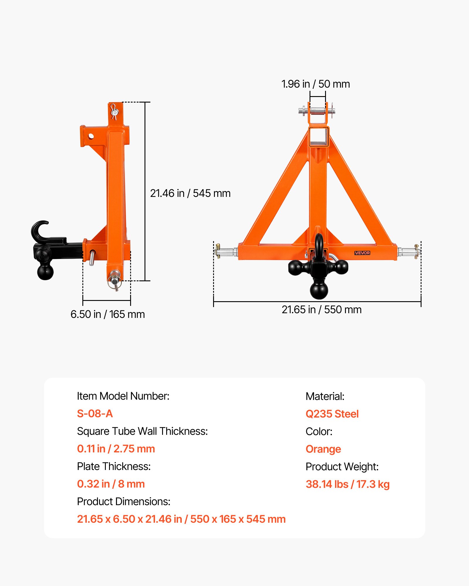 VEVOR driepuntsophanging met 2-inch montage, snelkoppeling met drie kogelkoppelingen, trekhaakadapter voor categorie 1, compatibel met diverse compacte tractoren, oranje