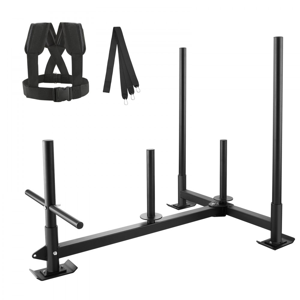 black VEVOR weight training sled with harness and three attachment straps against white background.