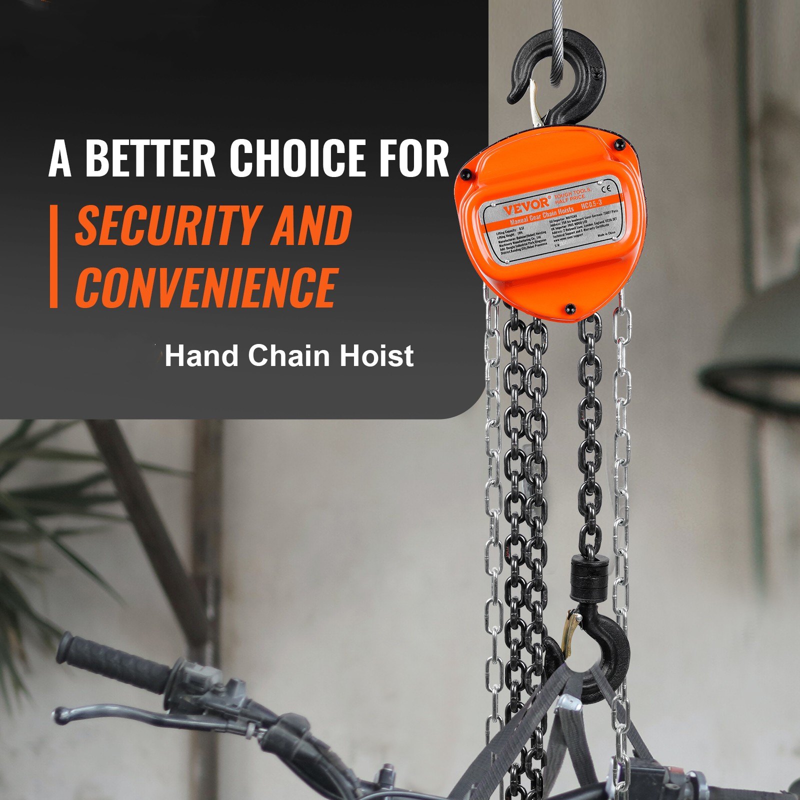 VEVOR Manual Chain Hoist, 1/2 Ton 1100 lbs Capacity 10 FT Come Along, G80 Galvanized Carbon Steel with Double-Pawl Brake, Auto Chain Leading & 360° Rotation Hook, for Garage Factory Dock