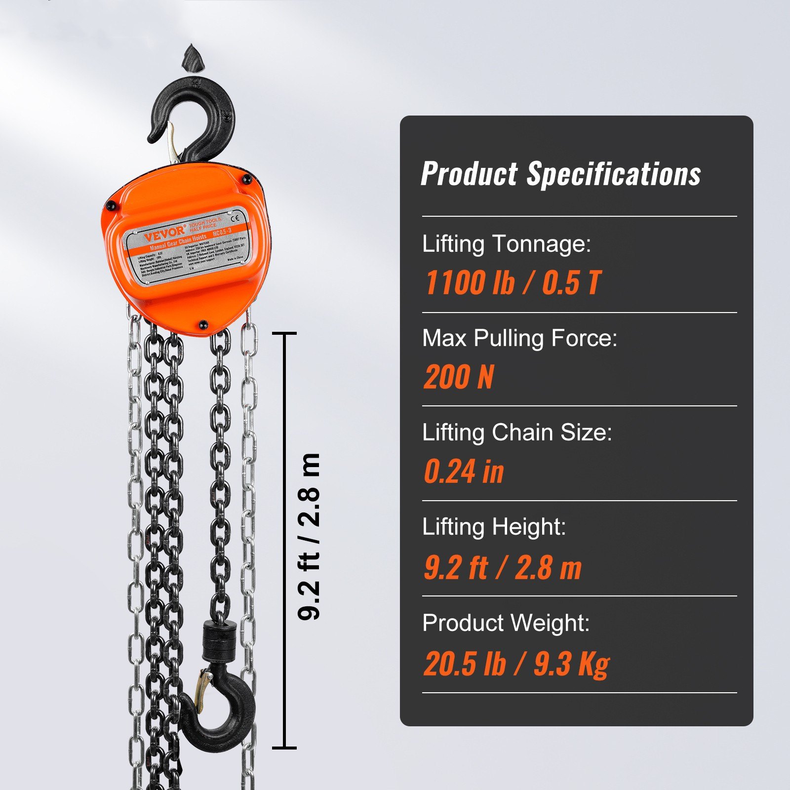 VEVOR Manual Chain Hoist, 1/2 Ton 1100 lbs Capacity 10 FT Come Along, G80 Galvanized Carbon Steel with Double-Pawl Brake, Auto Chain Leading & 360° Rotation Hook, for Garage Factory Dock