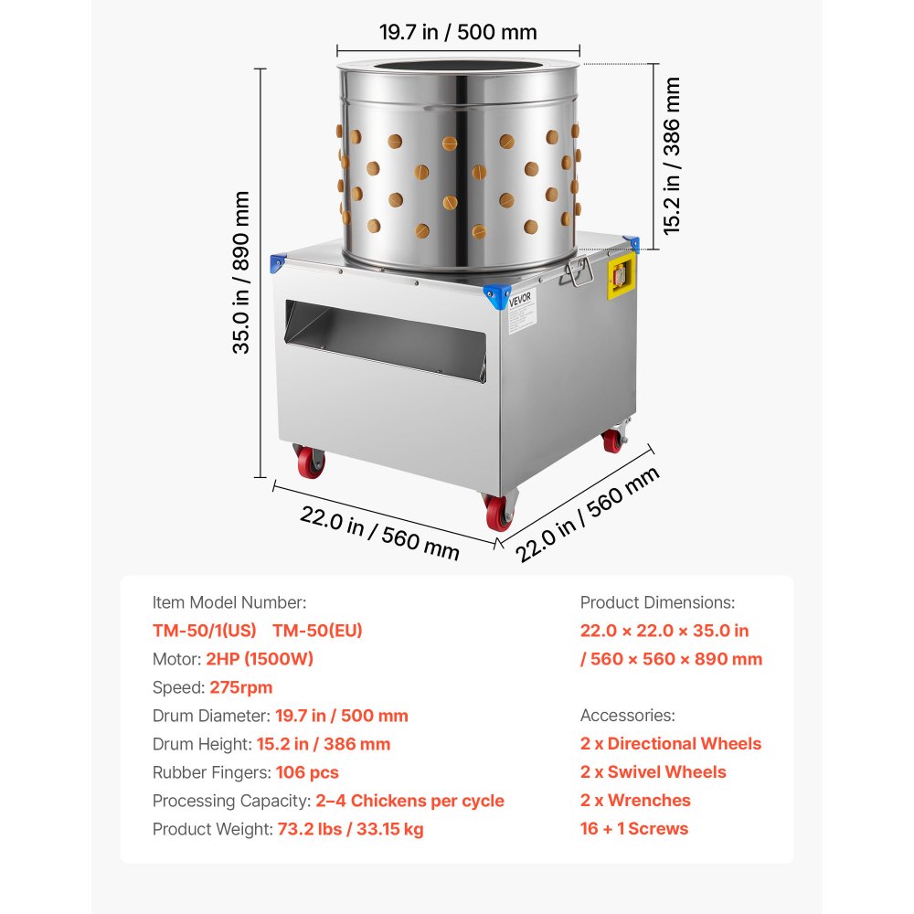 VEVOR pluimveeplukmachine, trommeldiameter 50 cm, 2 pk, 275 tpm, plukmachine met 106 vingers en transportwielen, roestvrijstalen verenverwijderaar voor het verwerken van 2 tot 4 kippen.