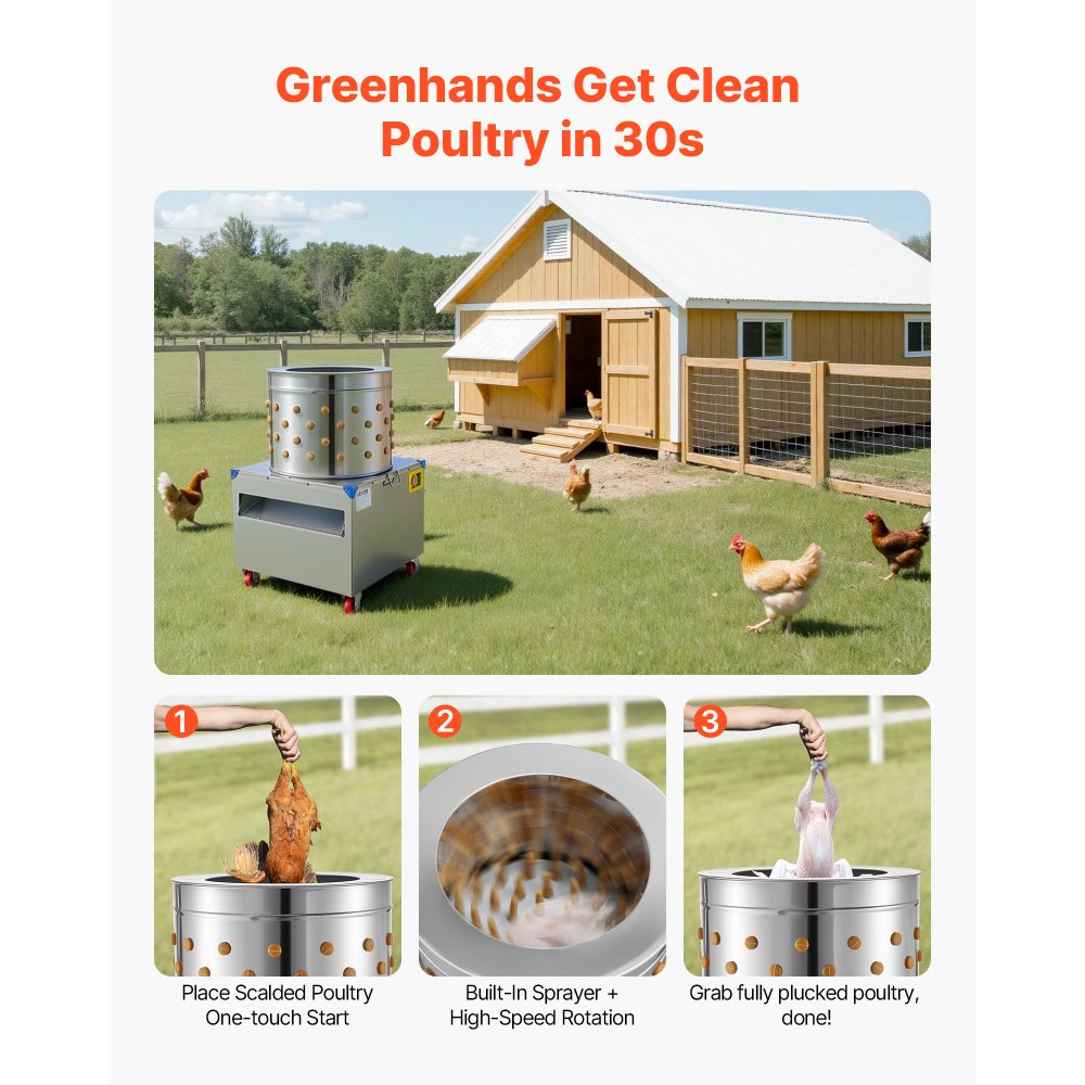 VEVOR pluimveeplukmachine, trommeldiameter 50 cm, 2 pk, 275 tpm, plukmachine met 106 vingers en transportwielen, roestvrijstalen verenverwijderaar voor het verwerken van 2 tot 4 kippen.