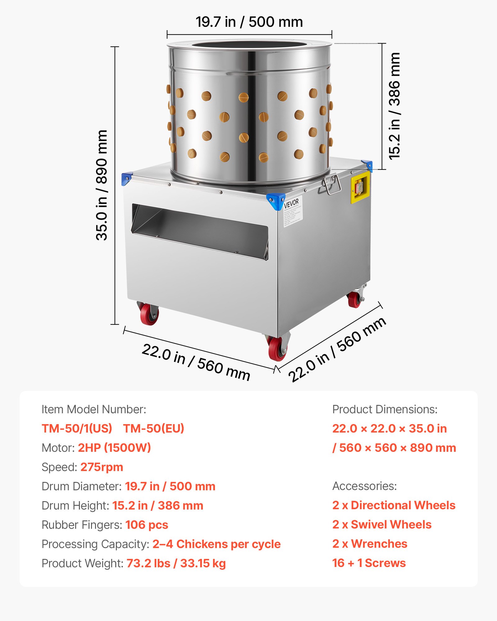 VEVOR pluimveeplukmachine, trommeldiameter 50 cm, 2 pk, 275 tpm, plukmachine met 106 vingers en transportwielen, roestvrijstalen verenverwijderaar voor het verwerken van 2 tot 4 kippen.