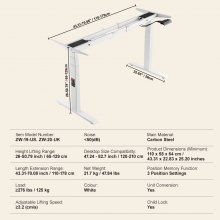 VEVOR Desk Frame with Dual Motor, Adjustable Height 65-129 cm and Length 110-178 cm, Electric Adjustable Table Frame, Ergonomic DIY Workstation Base, 3 Positions (Frame Only)