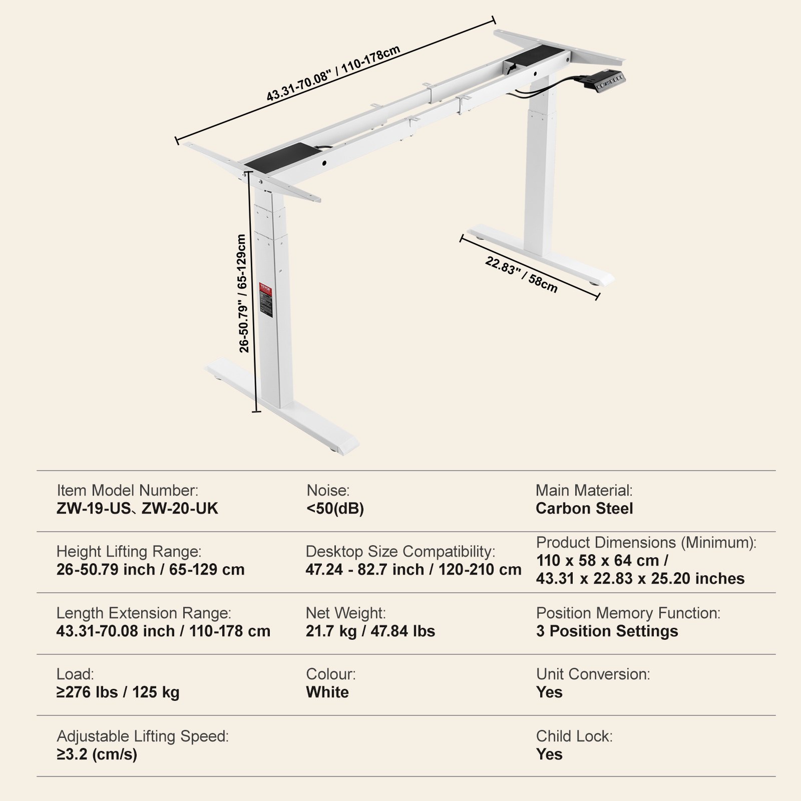 VEVOR Dual Motor Bureauframe, Verstelbare Hoogte 65-129 cm en Lengte 110-178 cm, Elektrisch Verstelbaar Bureauframe, Ergonomische DIY Werkplekbasis, 3 Posities (Alleen Frame)