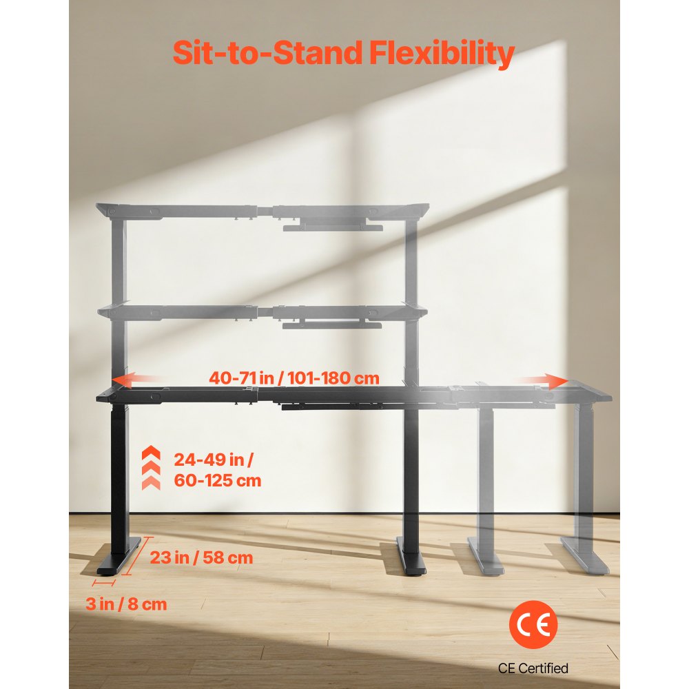 VEVOR Standing Desk Frame Dual Motor, Electric Adjustable 100-180 cm Extension Length, 3 Memory Height Settings Stand Up Table Legs, Sit to Stand Desk Leg Riser for Office Home Base Worksation, Black