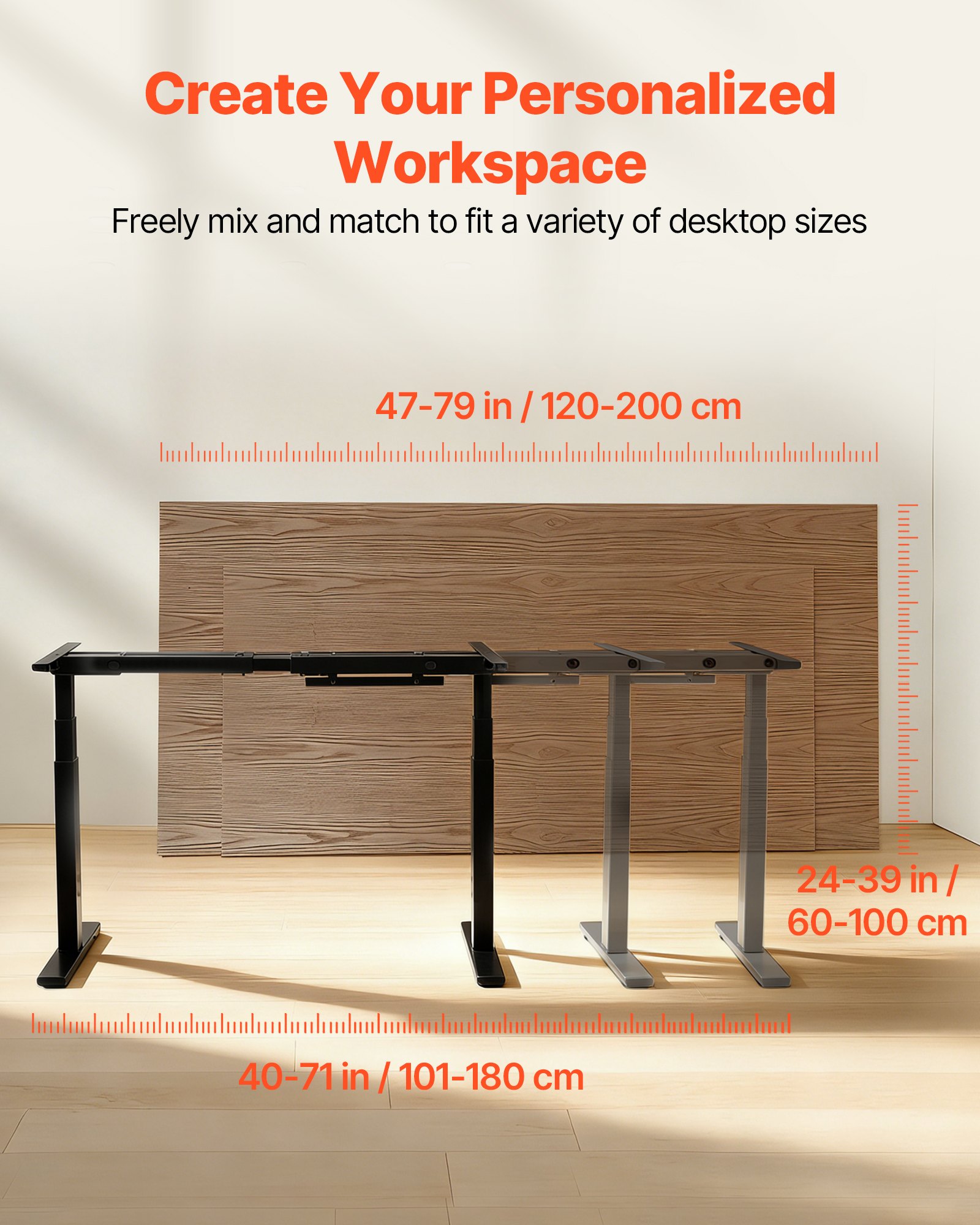 VEVOR Standing Desk Frame Dual Motor, Electric Adjustable 100-180 cm Extension Length, 3 Memory Height Settings Stand Up Table Legs, Sit to Stand Desk Leg Riser for Office Home Base Worksation, Black
