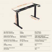 VEVOR bureauframe met dubbele motor, verstelbare hoogte 65-129 cm en lengte 110-178 cm, elektrisch tafelframe, ergonomische werkstationbasis, 3 posities (alleen zwart frame)