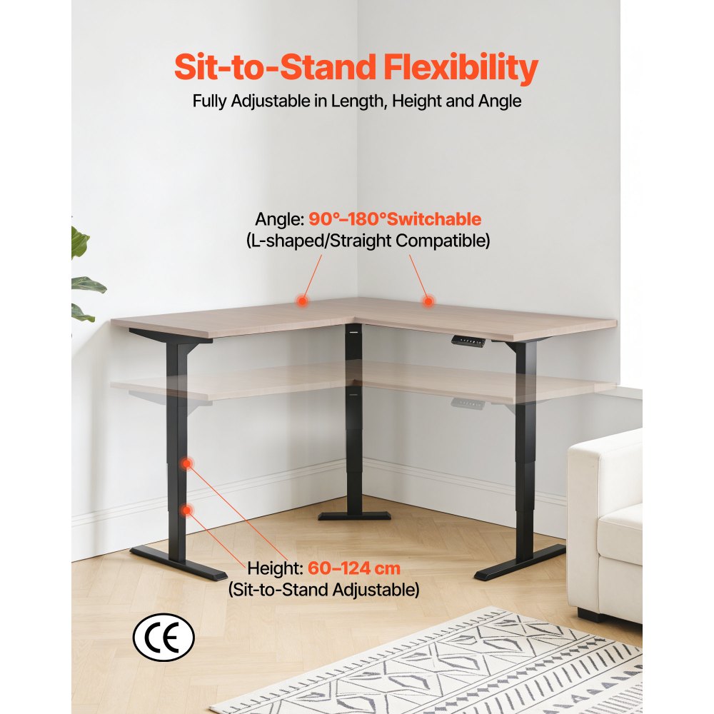 VEVOR in hoogte verstelbaar bureauframe, L-vormig, hoekverstelbaar tafelframe tot 125 kg, 3-traps tafelpoten met 3 motoren, geheugenfunctie, hoogteweergave, stootbeveiliging, USB voor kantoor, zwart