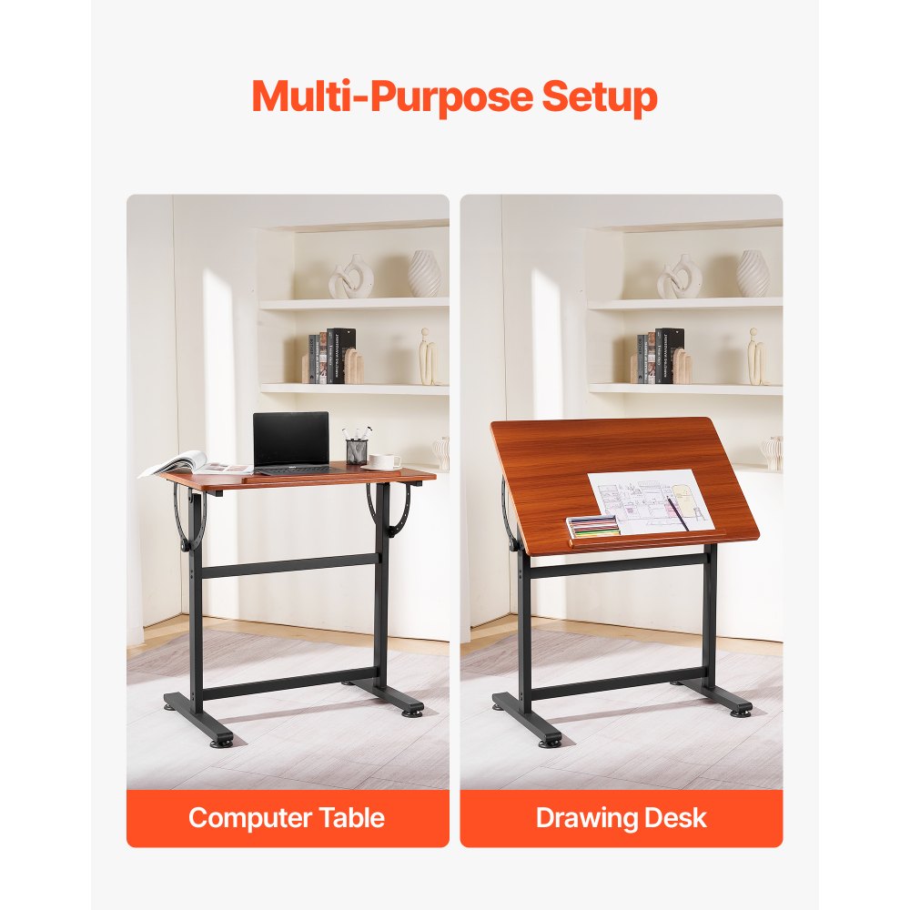 VEVOR Tekentafel Schildertafel Multifunctioneel bureau met kantelhoek van 0°–90°, draagbare kunstenaarstafel met zwart H-frame en bruin bureaublad, voor lezen, schrijven en knutselen