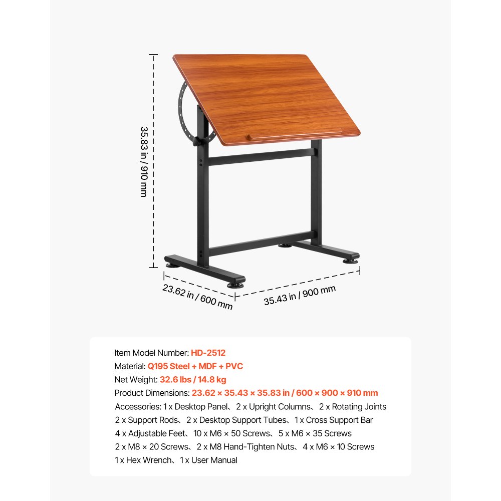 VEVOR Tekentafel Schildertafel Multifunctioneel bureau met kantelhoek van 0°–90°, draagbare kunstenaarstafel met zwart H-frame en bruin bureaublad, voor lezen, schrijven en knutselen