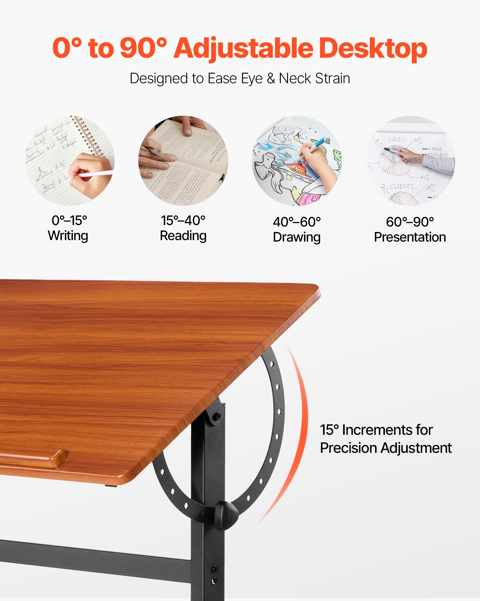VEVOR Tekentafel Schildertafel Multifunctioneel bureau met kantelhoek van 0°–90°, draagbare kunstenaarstafel met zwart H-frame en bruin bureaublad, voor lezen, schrijven en knutselen
