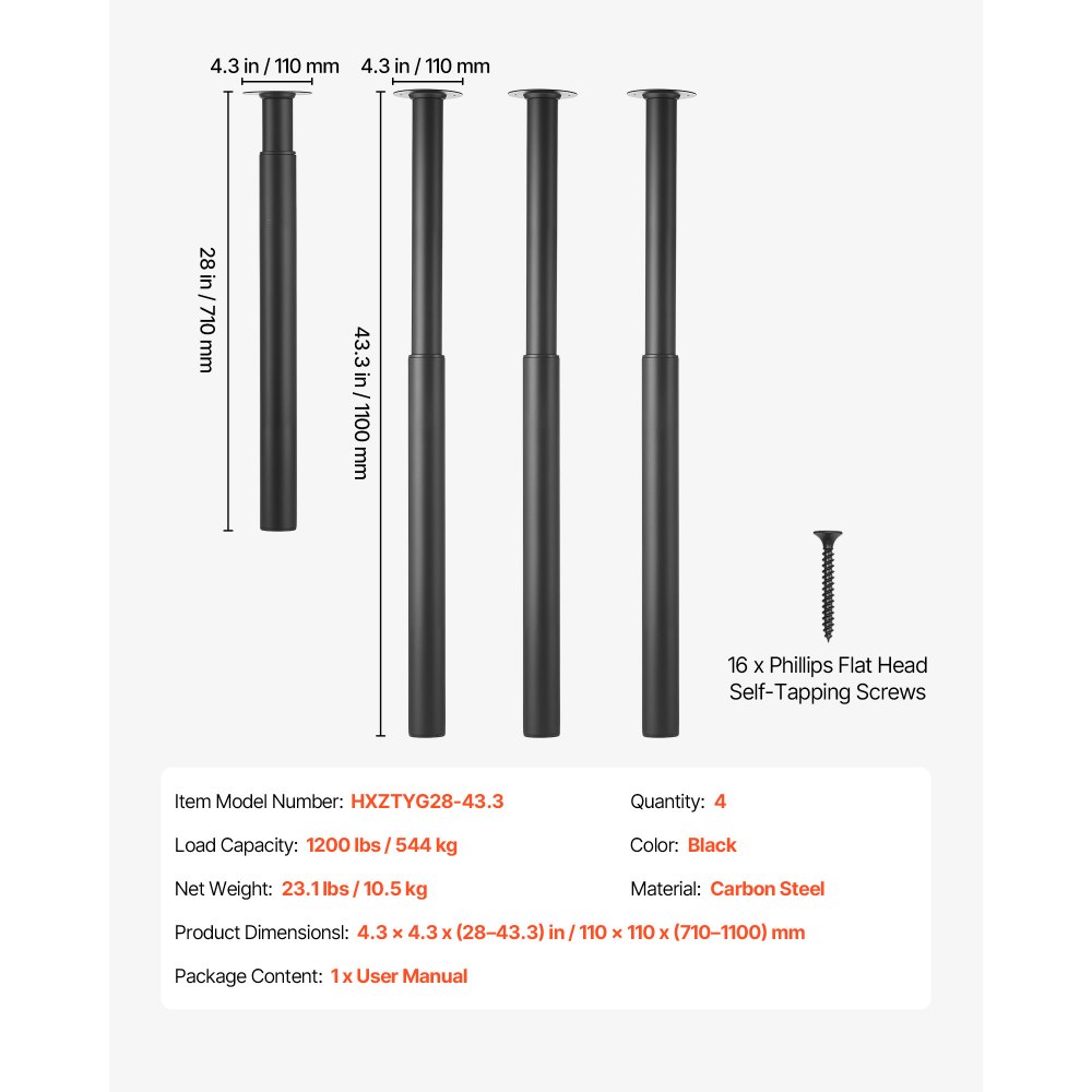 VEVOR Adjustable Table Legs, 28-43.3 in Steel Furniture Legs, 1200 lbs Max Load Heavy Duty, Quick Installation, Ideal for Home Office Desk DIY, Coffee Dinner Bar Tables, Workbenches, Set of 4, Black