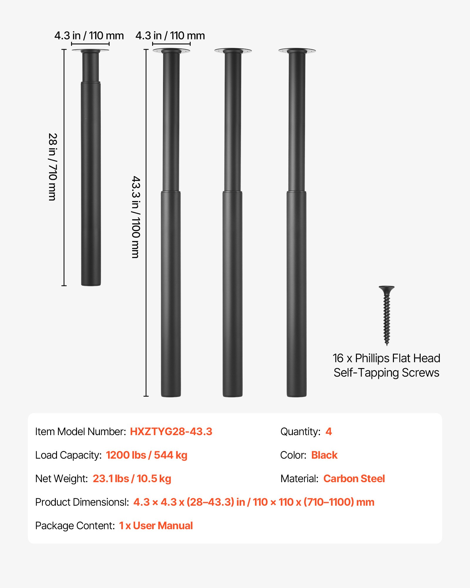 VEVOR Adjustable Table Legs, 28-43.3 in Steel Furniture Legs, 1200 lbs Max Load Heavy Duty, Quick Installation, Ideal for Home Office Desk DIY, Coffee Dinner Bar Tables, Workbenches, Set of 4, Black
