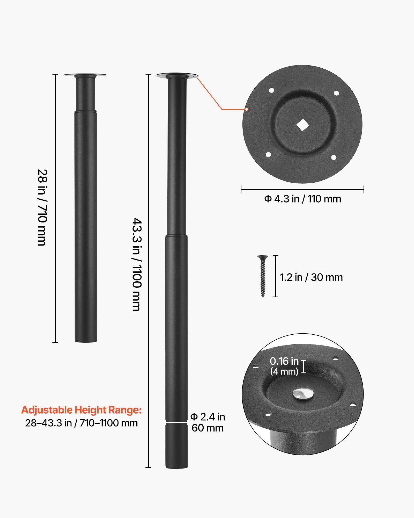VEVOR Tafelpoten, Set van 4, Meubelpoten 71–110 cm in hoogte verstelbaar, Tafelpoten max. 544 kg, Telescopische poten van koolstofstaal, voor bureaus, salontafels, eettafels, werkbanken, ronde