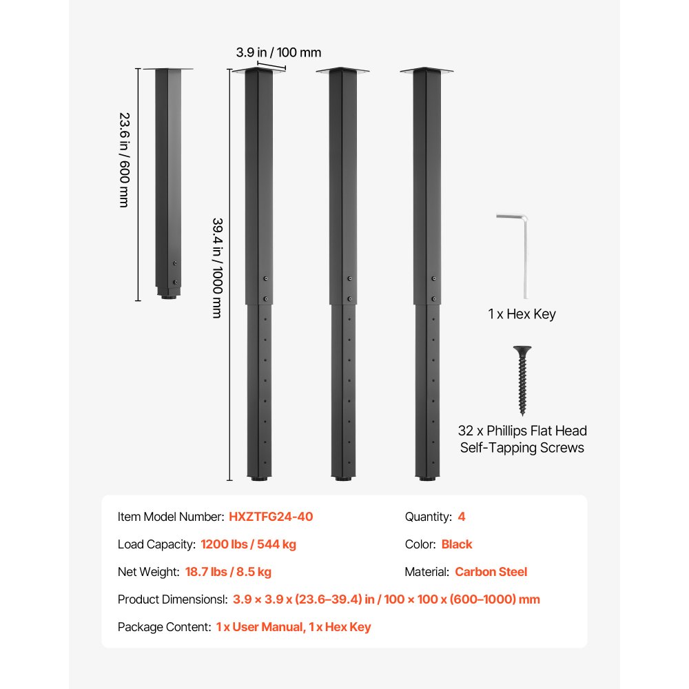 VEVOR Tafelpoten, Set van 4, Meubelpoten 60–100cm in hoogte verstelbaar, Tafelpoten max. 544 kg, Telescopische poten van koolstofstaal, voor bureaus, salontafels, eettafels, werkbanken, vierkant