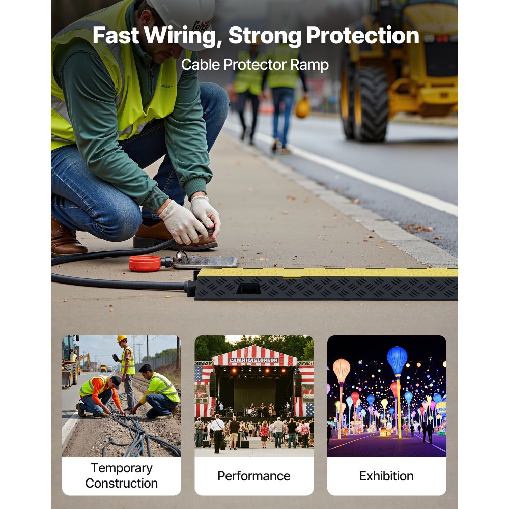 VEVOR Cable Protector Ramp, 22,000 lbs/axle Capacity, 2 Channel Heavy Duty TPU Cord Hose Wire Cover, 1.2 x 1.1 in Channel, Traffic Speed Bump with Flip-Open Top Cover, for Indoor Outdoor Use, 3 Pack