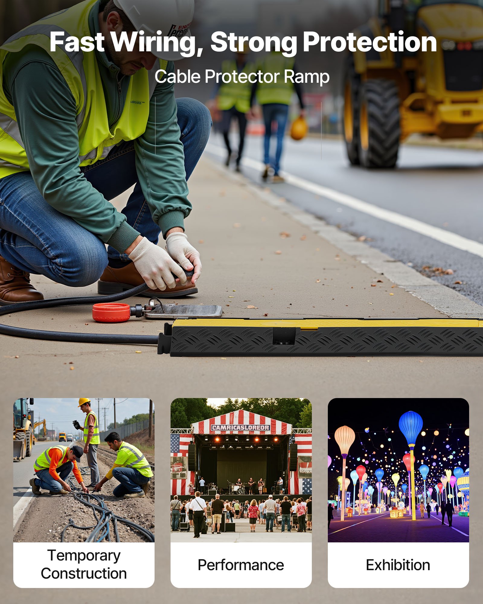 VEVOR Cable Protector Ramp, 22,000 lbs/axle Capacity, 2 Channel Heavy Duty Rubber Cord Hose Wire Cover, 1.3 x 1.2 in Channel, Traffic Speed Bump with Flip-Open Top Cover, for Indoor Outdoor, 1 Pack