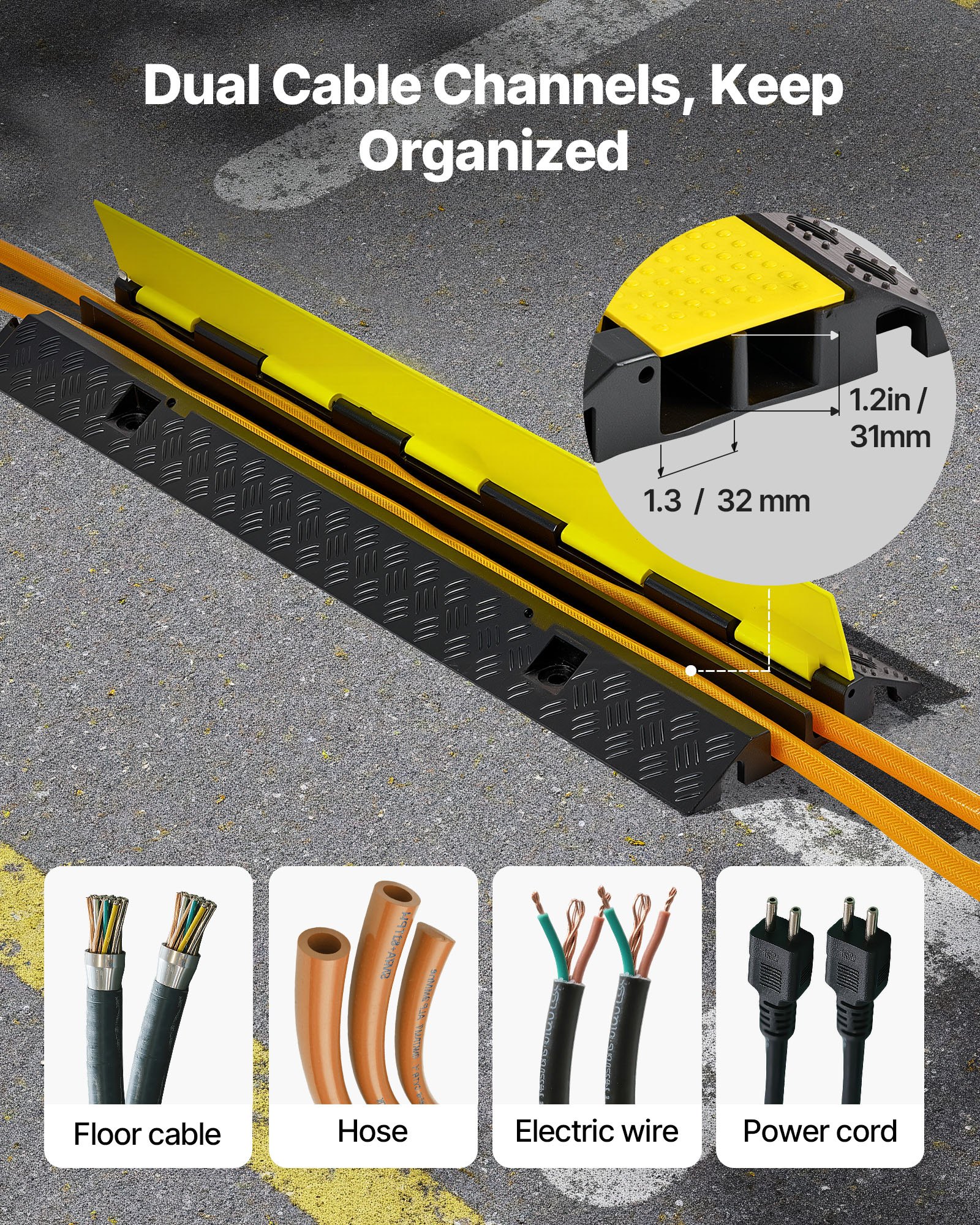 VEVOR Cable Protector Ramp, 22,000 lbs/axle Capacity, 2 Channel Heavy Duty Rubber Cord Hose Wire Cover, 1.3 x 1.2 in Channel, Traffic Speed Bump with Flip-Open Top Cover, for Indoor Outdoor, 1 Pack
