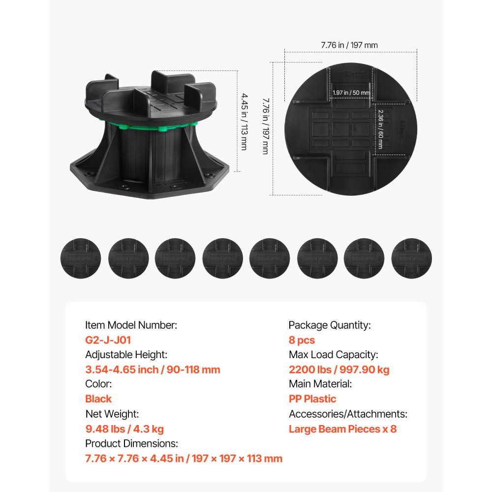 VEVOR Deck Blocks 8 PCS, 2200 lbs / 997.90 kg Load Capacity Deck Support Plastic Pedestal Paver, Raising 3.54 - 4.65 inch / 90 - 118 mm, Height Adjustable Shed Foundation Base for Wood Concrete Metal