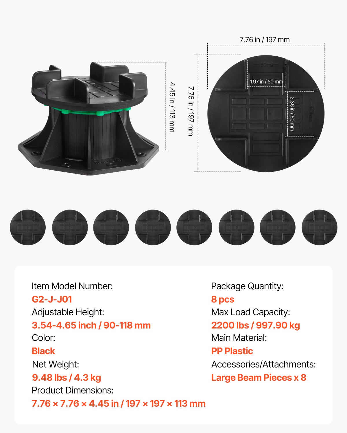 VEVOR Deck Blocks 8 PCS, 2200 lbs / 997.90 kg Load Capacity Deck Support Plastic Pedestal Paver, Raising 3.54 - 4.65 inch / 90 - 118 mm, Height Adjustable Shed Foundation Base for Wood Concrete Metal